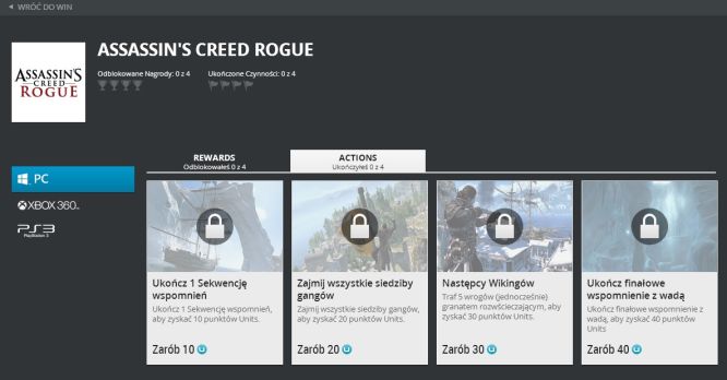 Lista nagród i akcji z pecetowej wersji Assassin's Creed Rogue w Uplay